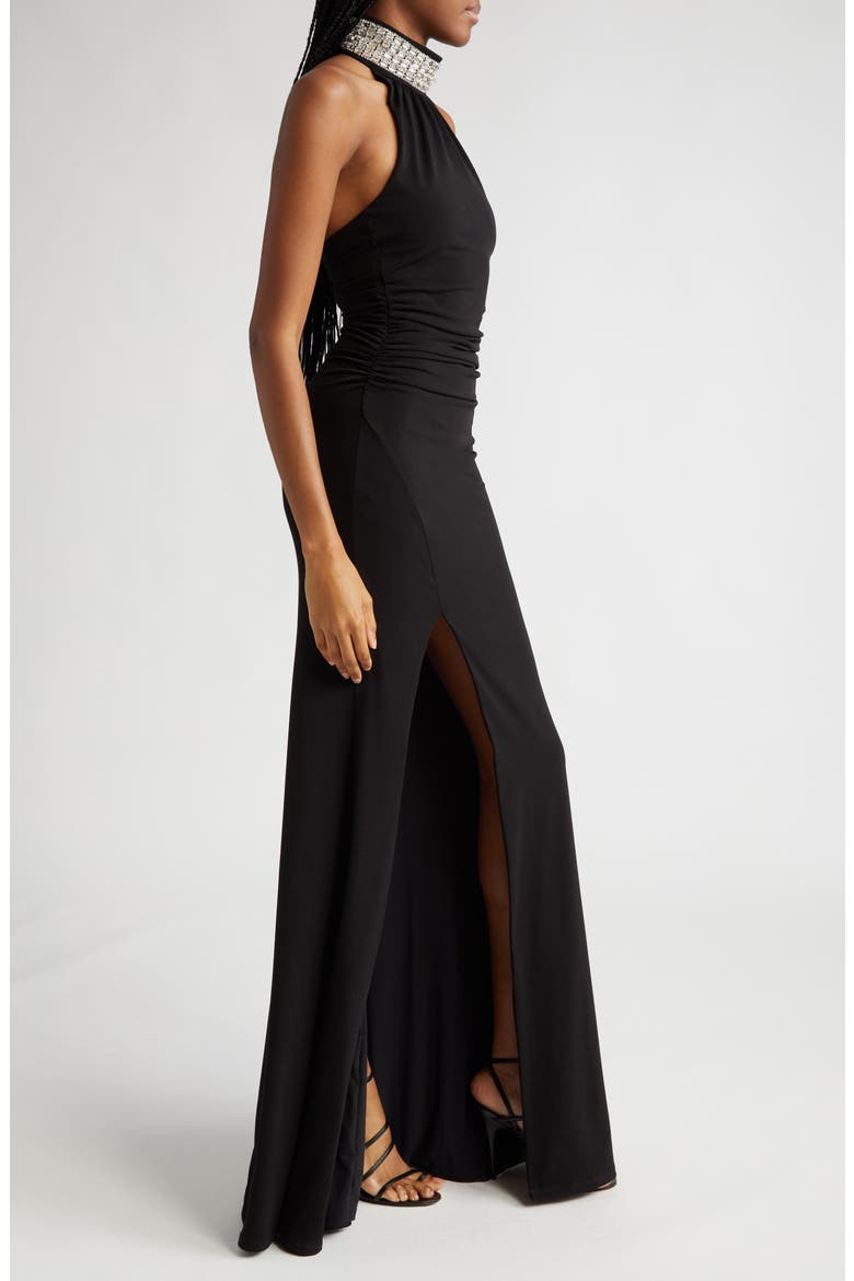 Izzy Ruched Embellished Neck Gown, Alternate, color, BLACK