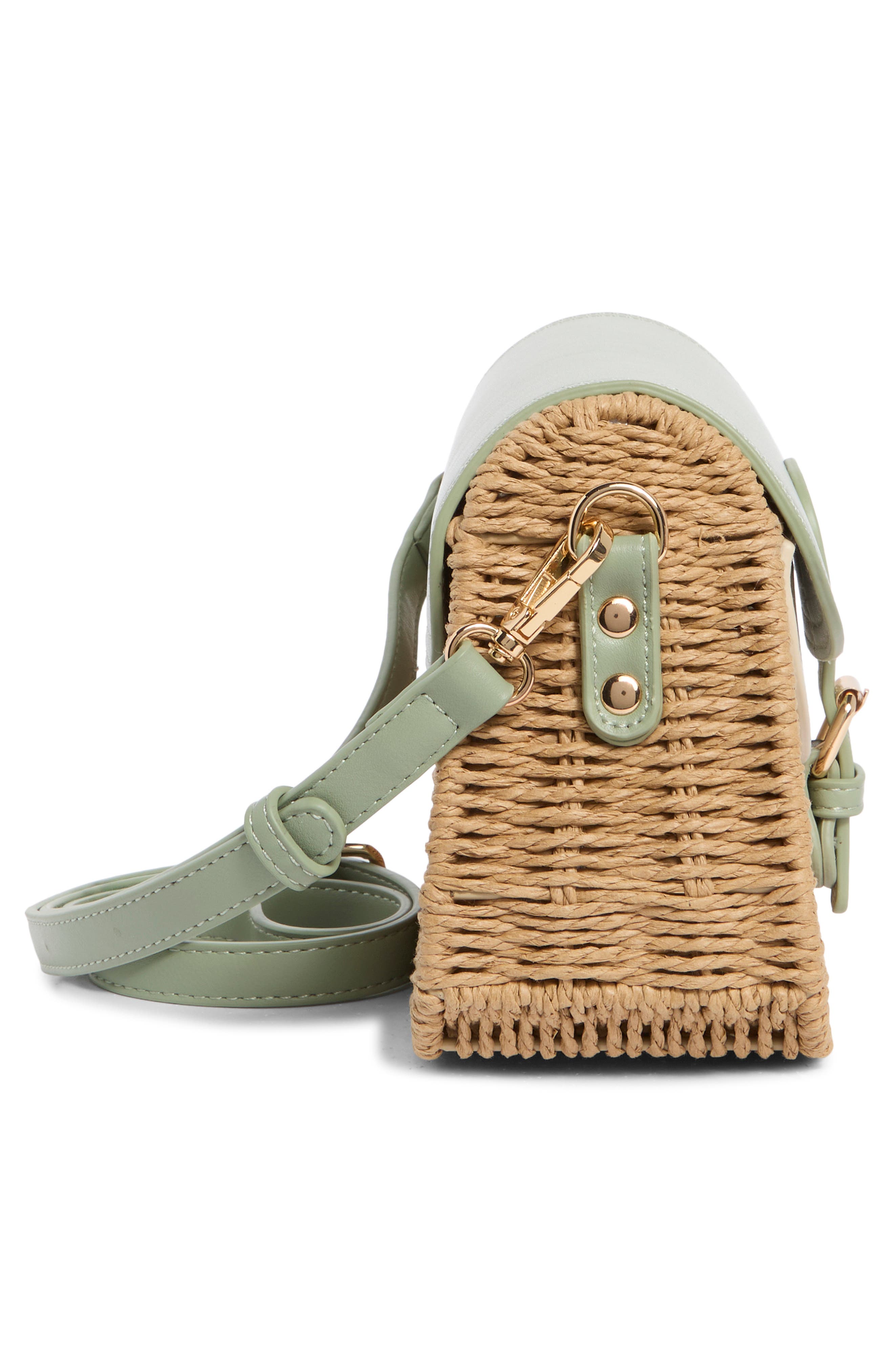 URBAN EXPRESSIONS HANDBAGS Straw & Faux Leather Crossbody Bag, Alternate, color, Sage Camel