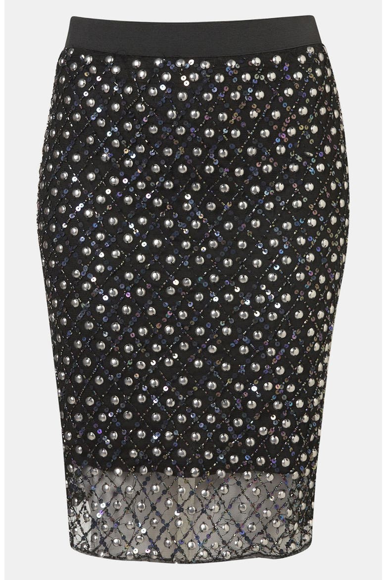 Embellished Sheer Hem Pencil Skirt, Main, color, BLACK