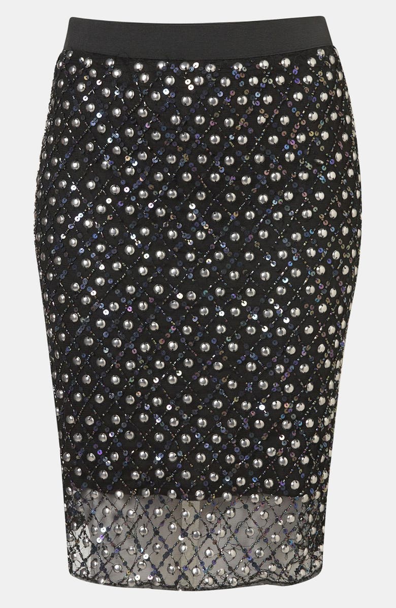 Topshop Embellished Sheer Hem Pencil Skirt, Main, color, 