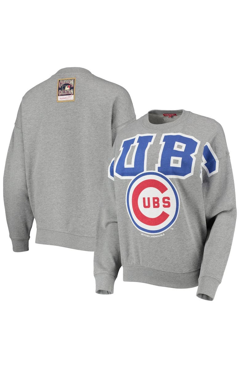 Mitchell & Ness Women's Mitchell & Ness Heathered Gray Chicago Cubs Cooperstown Collection Logo Lightweight Pullover Sweatshirt, Main, color, Heather Gray