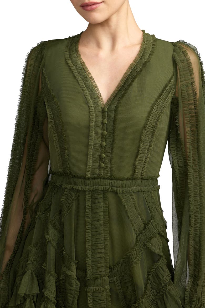 Long Sleeve V Neck Mesh Micro Ruffle Midi Dress, Alternate, color, Olive