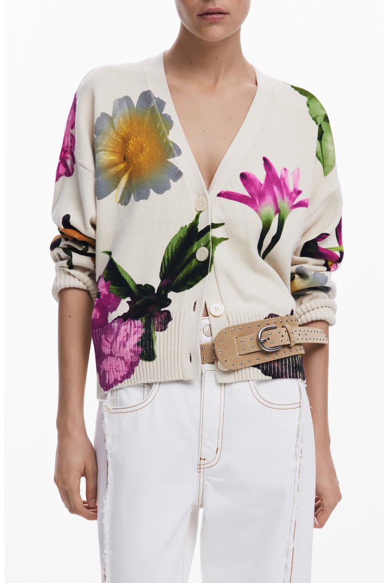 Floral Print Cardigan, Main, color, LIGHT BEIGE