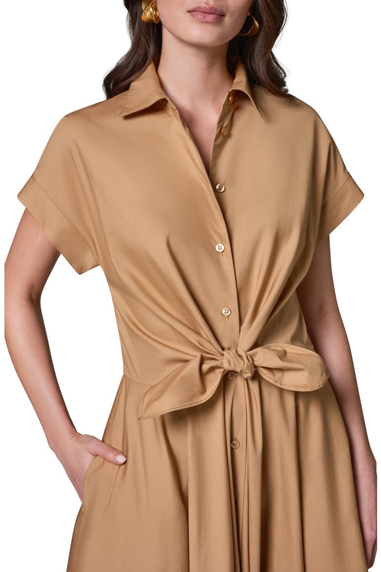 Tie Waist Short Sleeve Stretch Cotton Midi Shirtdress, Alternate, color, FAWN