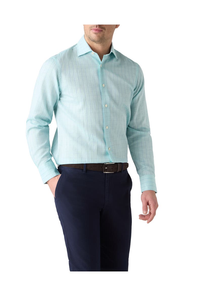 Reynolds Blue Windowpane Cotton Linen Blend Shirt in Contemporary fit, Main, color, Green