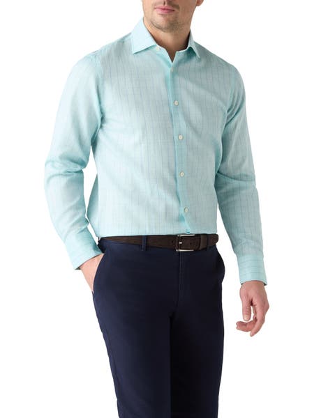 Reynolds Blue Windowpane Cotton Linen Blend Shirt in Contemporary fit