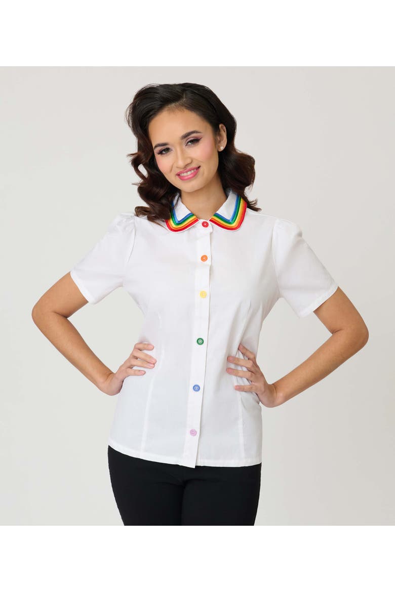 1940s Collared Blouse, Alternate, color, White W/Rainbow Details