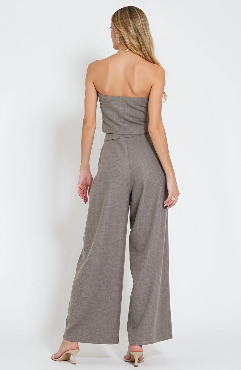 Modenaire Strapless Button-Front Crop Top and Wide-Leg Pants Two-Piece Set, Alternate, color, Grey