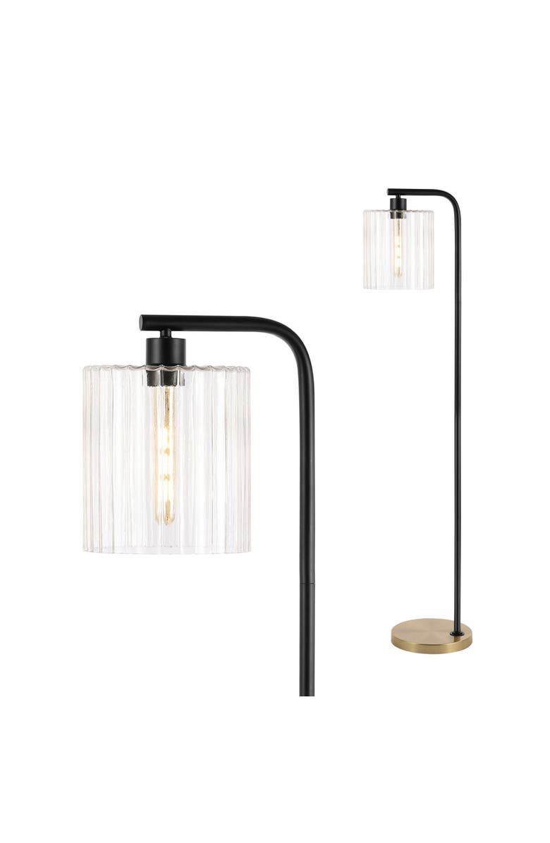 JONATHAN Y Easton 60.75" Modern Minimalist Metal/Ribbed Glass LED Floor Lamp, Brass Gold/Black, Main, color, Brass Gold/Black
