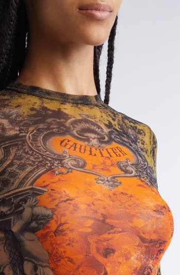 Medallion Print Long Sleeve Mesh Top