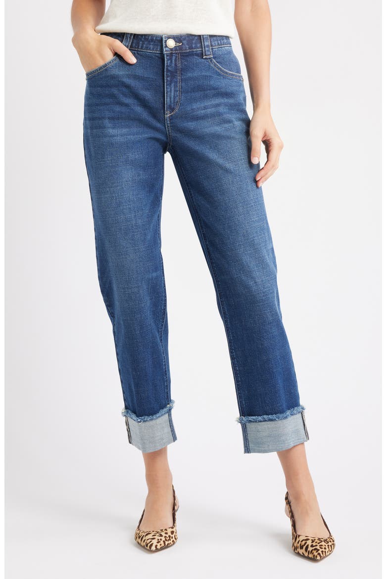High Waist Fray Hem Jeans, Main, color, BLUE