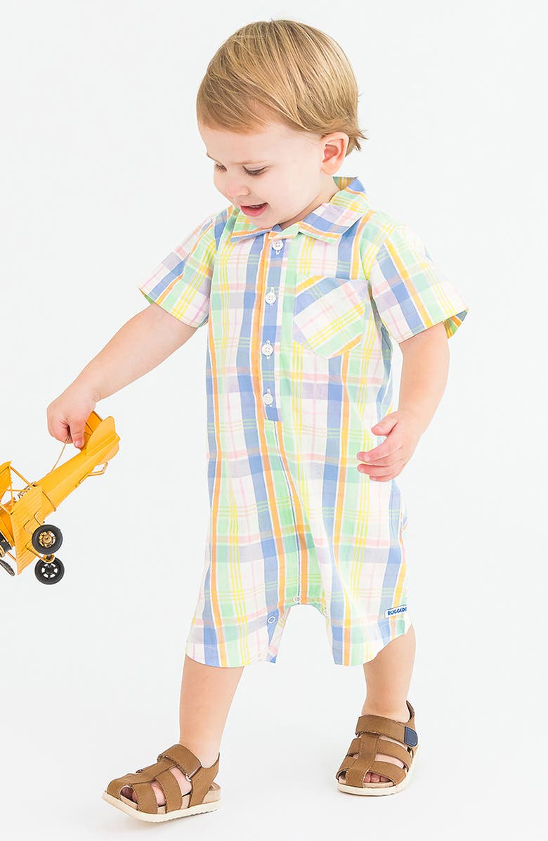 RuggedButts Rainbow Plaid Cotton Romper, Alternate, color, 