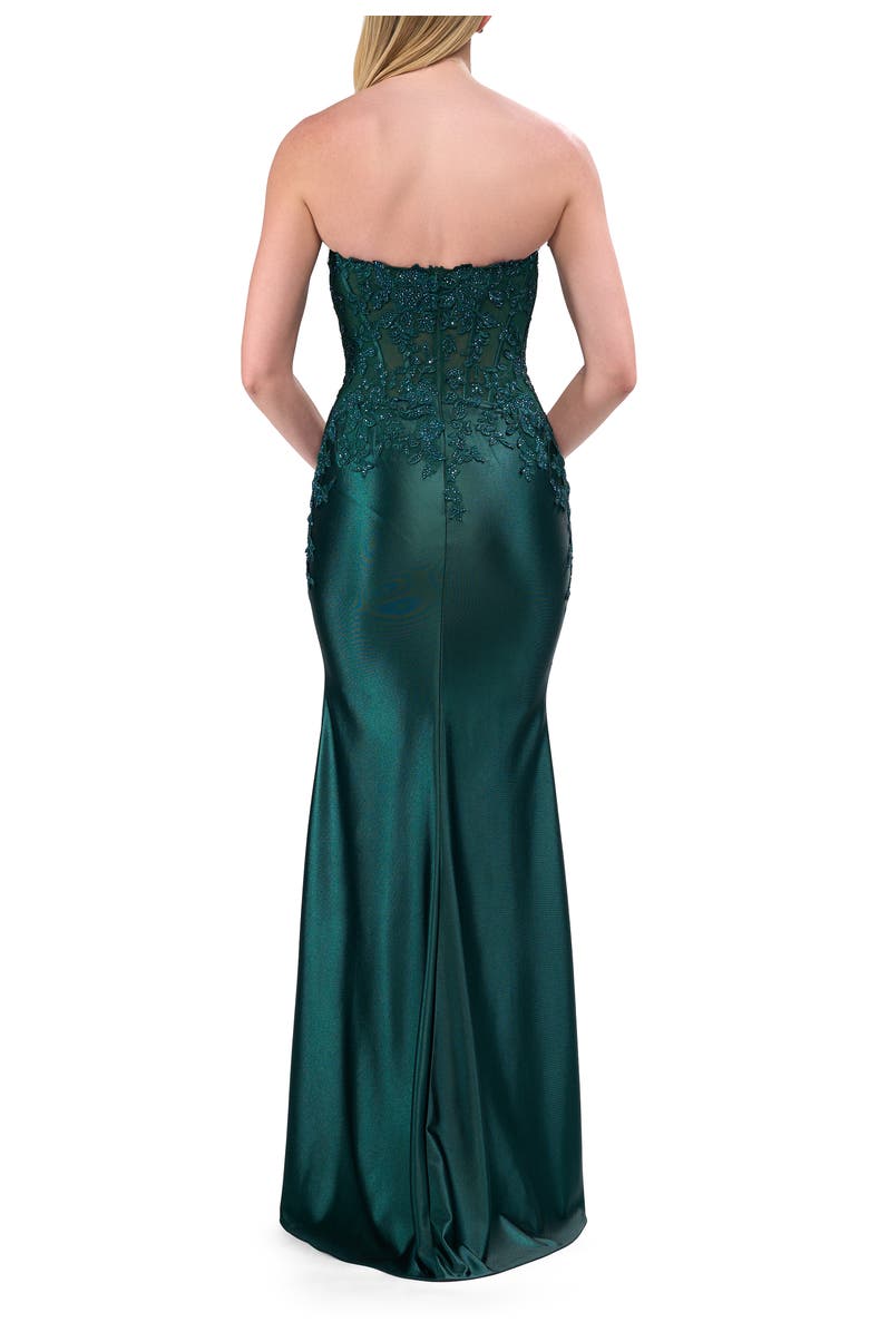 La Femme Strapless Satin Dress with Lace Top and Sweetheart Neckline, Alternate, color, Emerald