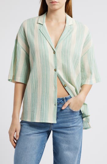 Billabong Beachside Stripe Short Sleeve Button-up Shirt In Green