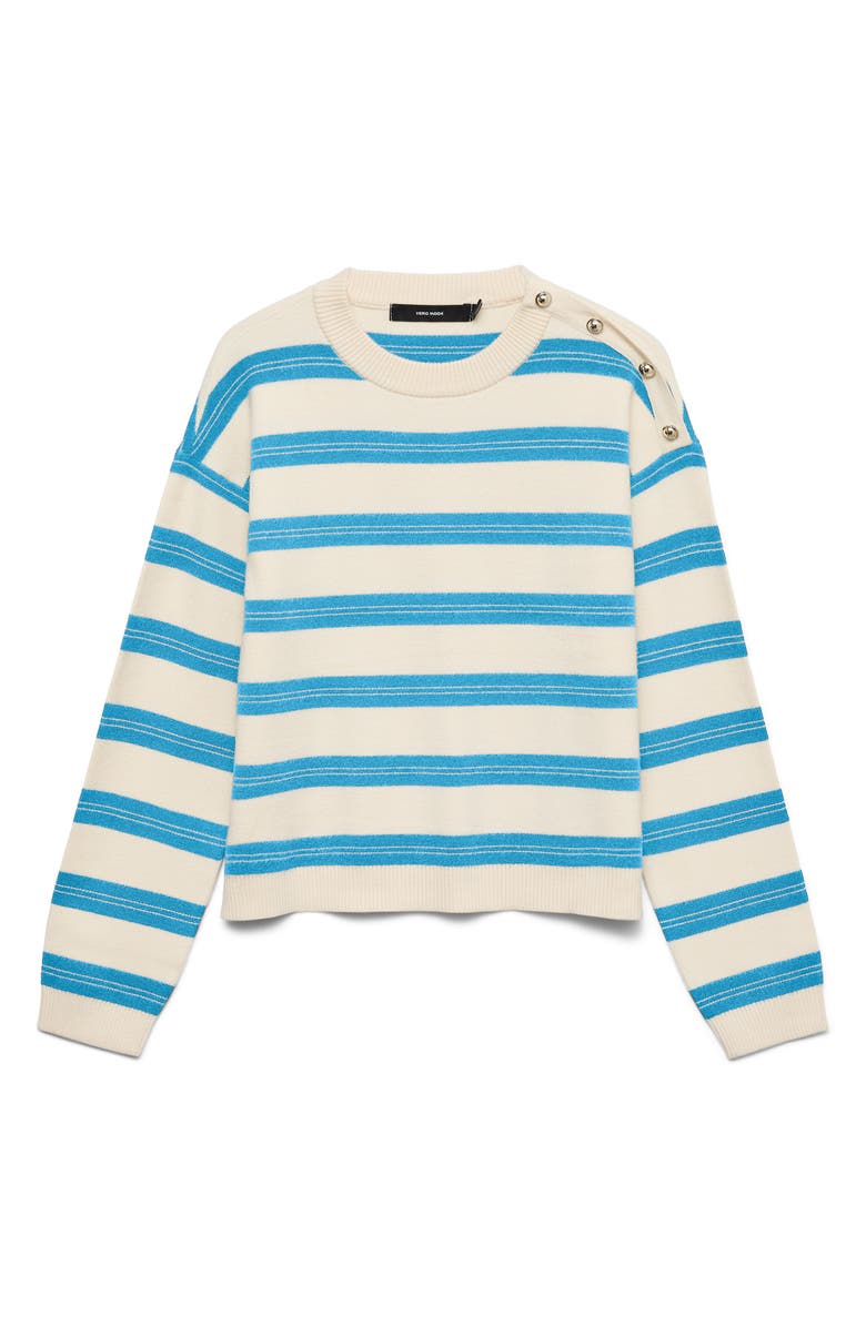 VERO MODA Stripe Button Shoulder Crop Sweater, Main, color, Birch/ Light Blue