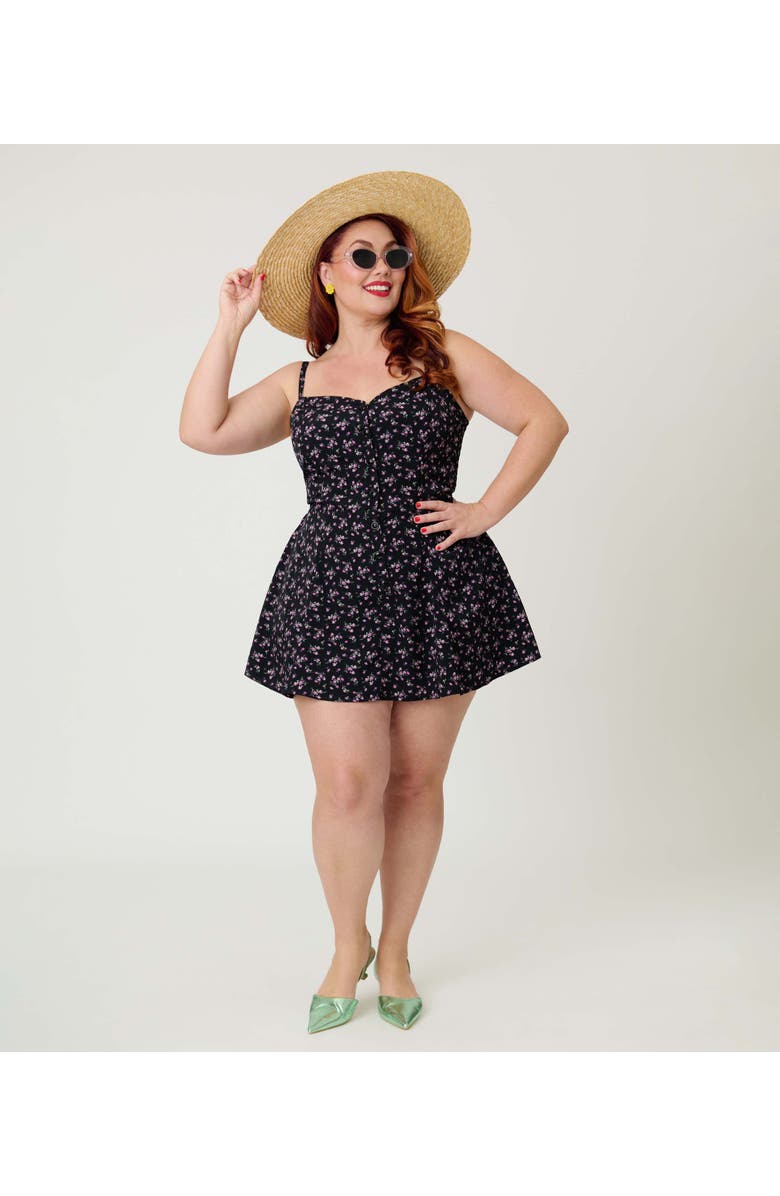 Unique Vintage Plus Size 1940s Sweetheart Skirted Romper, Alternate, color, Black Ditzy Floral