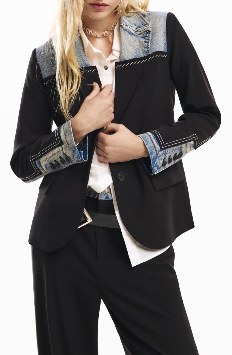 Desigual Mixed Media Blazer, Main, color, Black