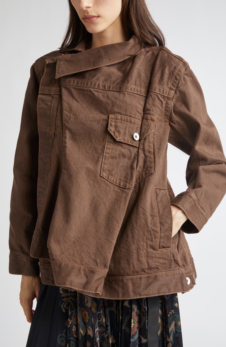 Sacai Asymmetric Denim Jacket, Alternate, color, Brown
