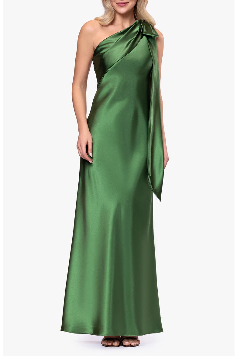 Bow Detail One-Shoulder Satin Gown, Main, color, MOSS
