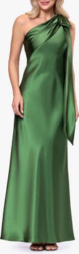 Betsy & Adam Bow Detail One-Shoulder Satin Gown