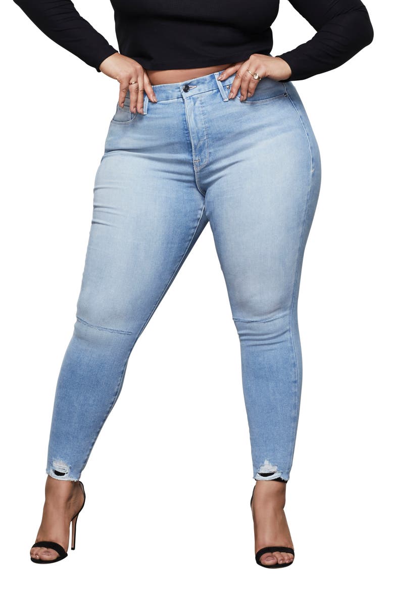 Good Petite Distressed Hem Skinny Jeans, Alternate, color, BLUE386