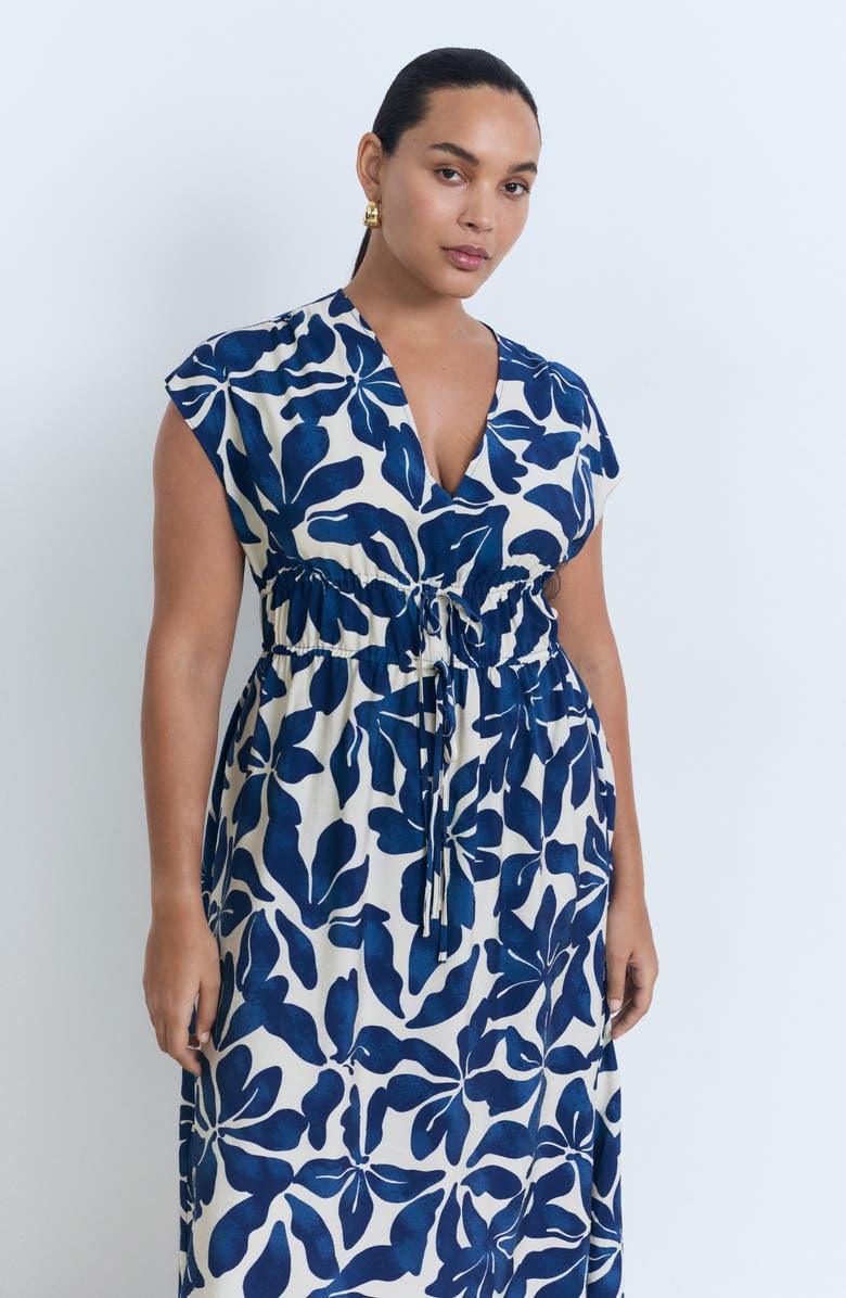 MANGO Print Tie Waist Dress, Alternate, color, Blue