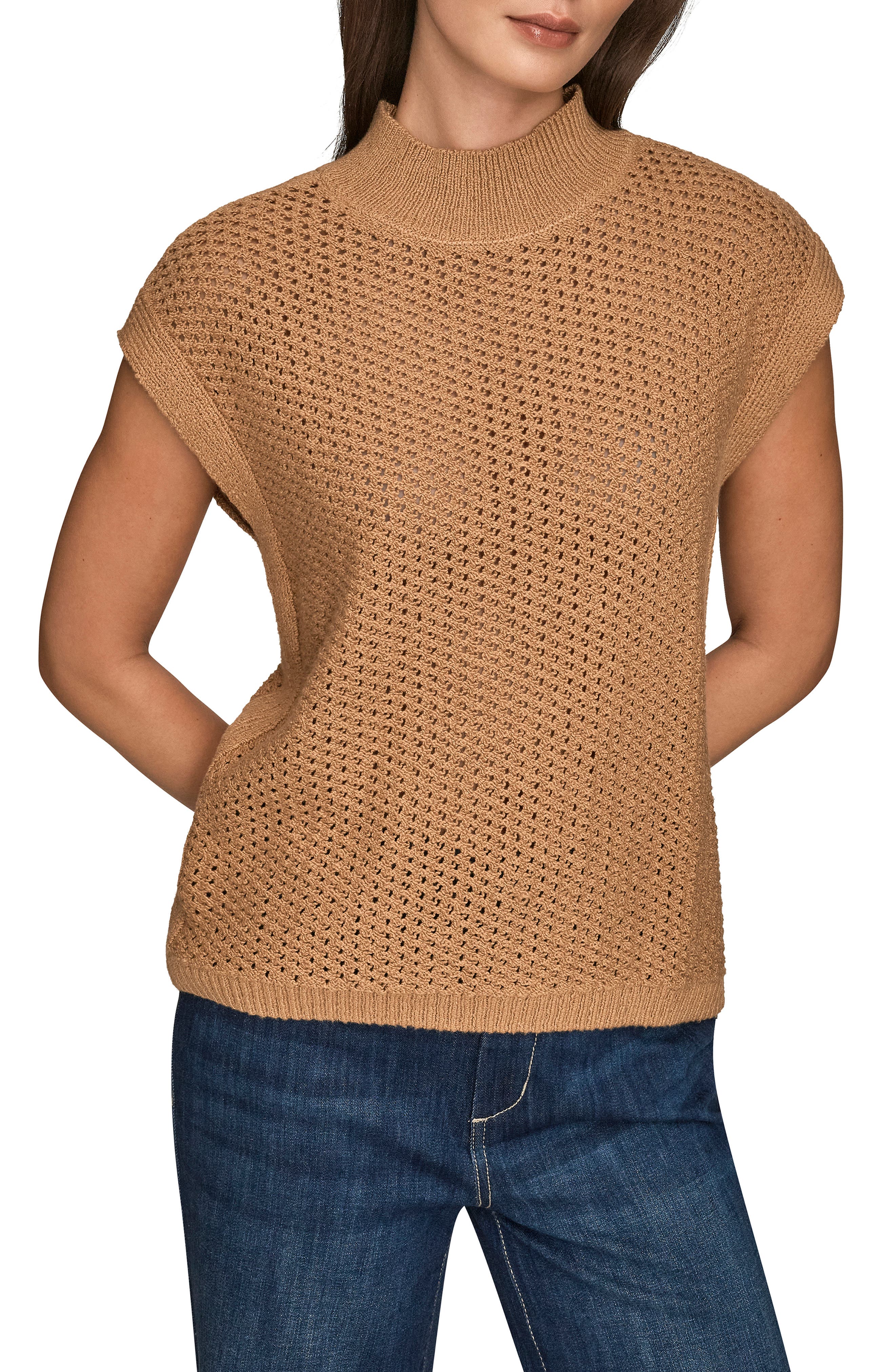 Donna Karan New York Open Stitch Cap Sleeve Sweater In Brown