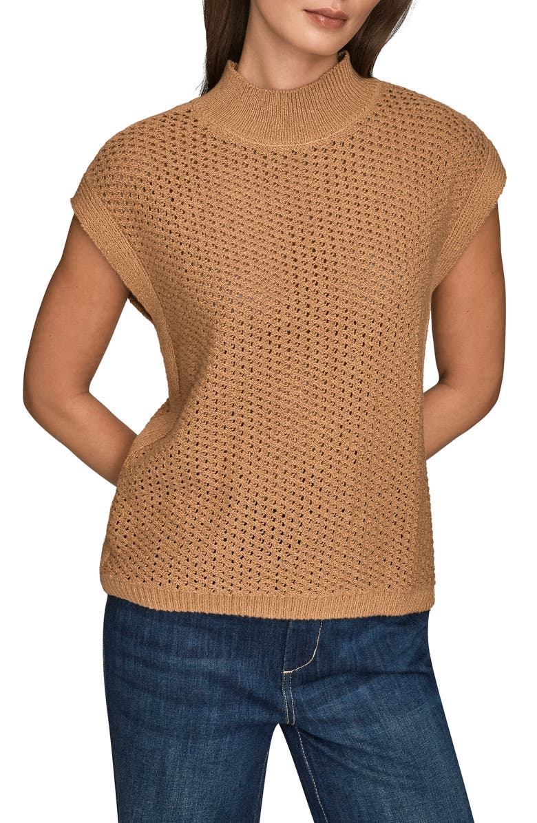 Donna Karan New York Open Stitch Cap Sleeve Sweater, Main, color, Fawn