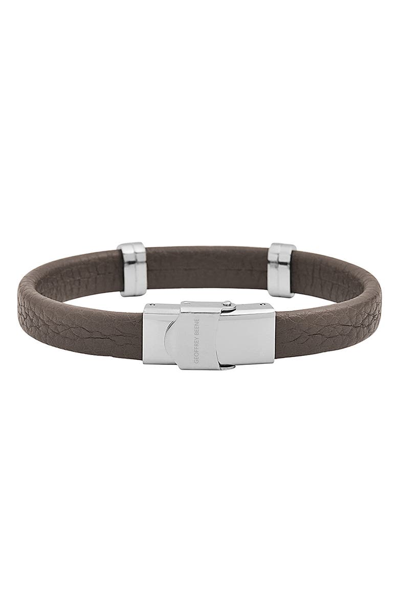 GEOFFREY BEENE Men's Stainless Steel Cutout ID Leather Bracelet, Alternate, color, Grey