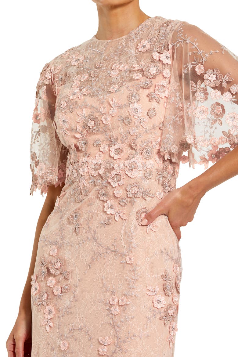 Petite Flutter Sleeve Floral Embroidered Net Gown, Alternate, color, Rose