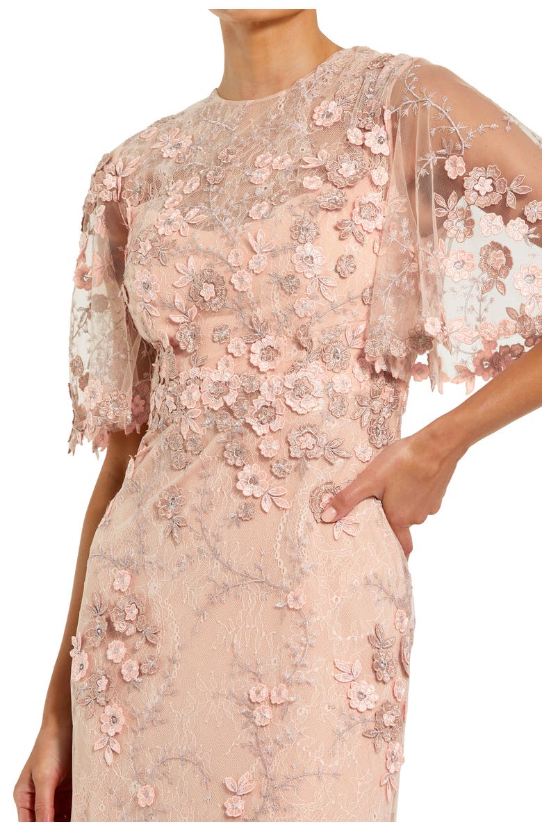 Mac Duggal Petite Flutter Sleeve Floral Embroidered Net Gown, Alternate, color, Rose