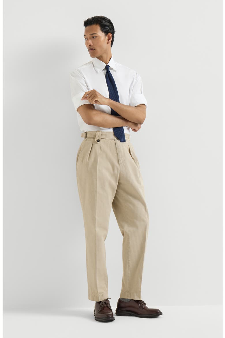 Cotton chevron trousers with double pleats and waist tabs, Alternate, color, Navy Blue