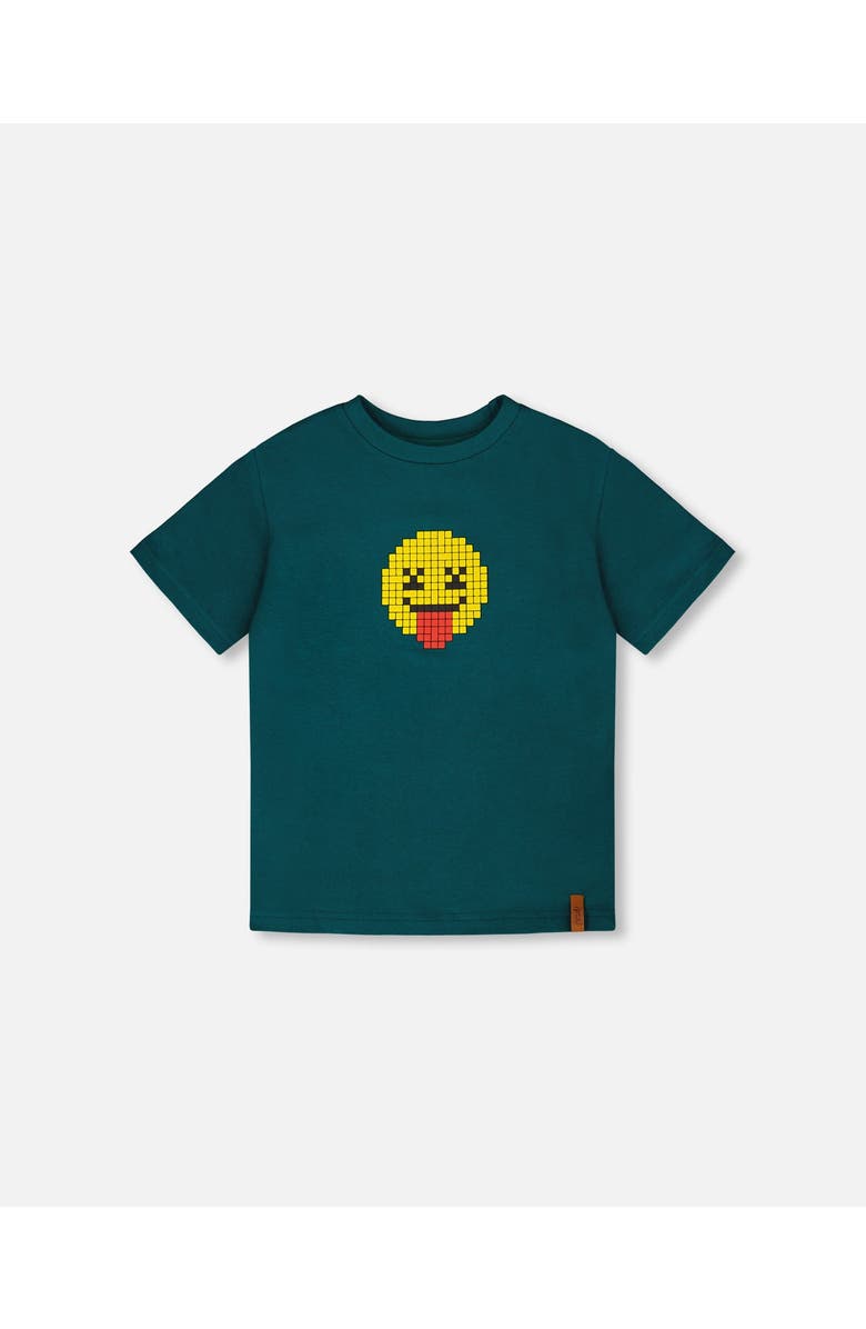 Deux par Deux Organic Cotton Jersey Smiley Face Graphic T-Shirt, Main, color, Dark Turquoise
