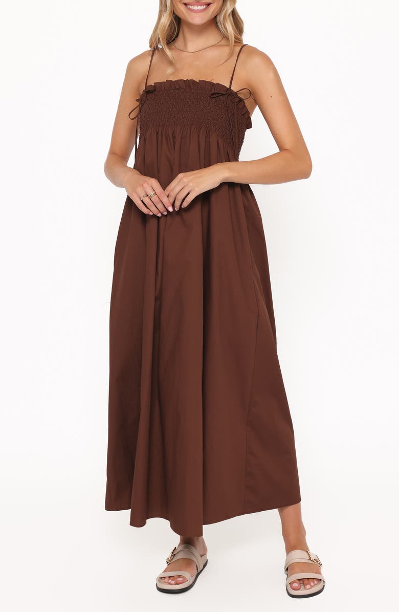 Petal & Pup Josie Smocked Maxi Dress, Main, color, Brown