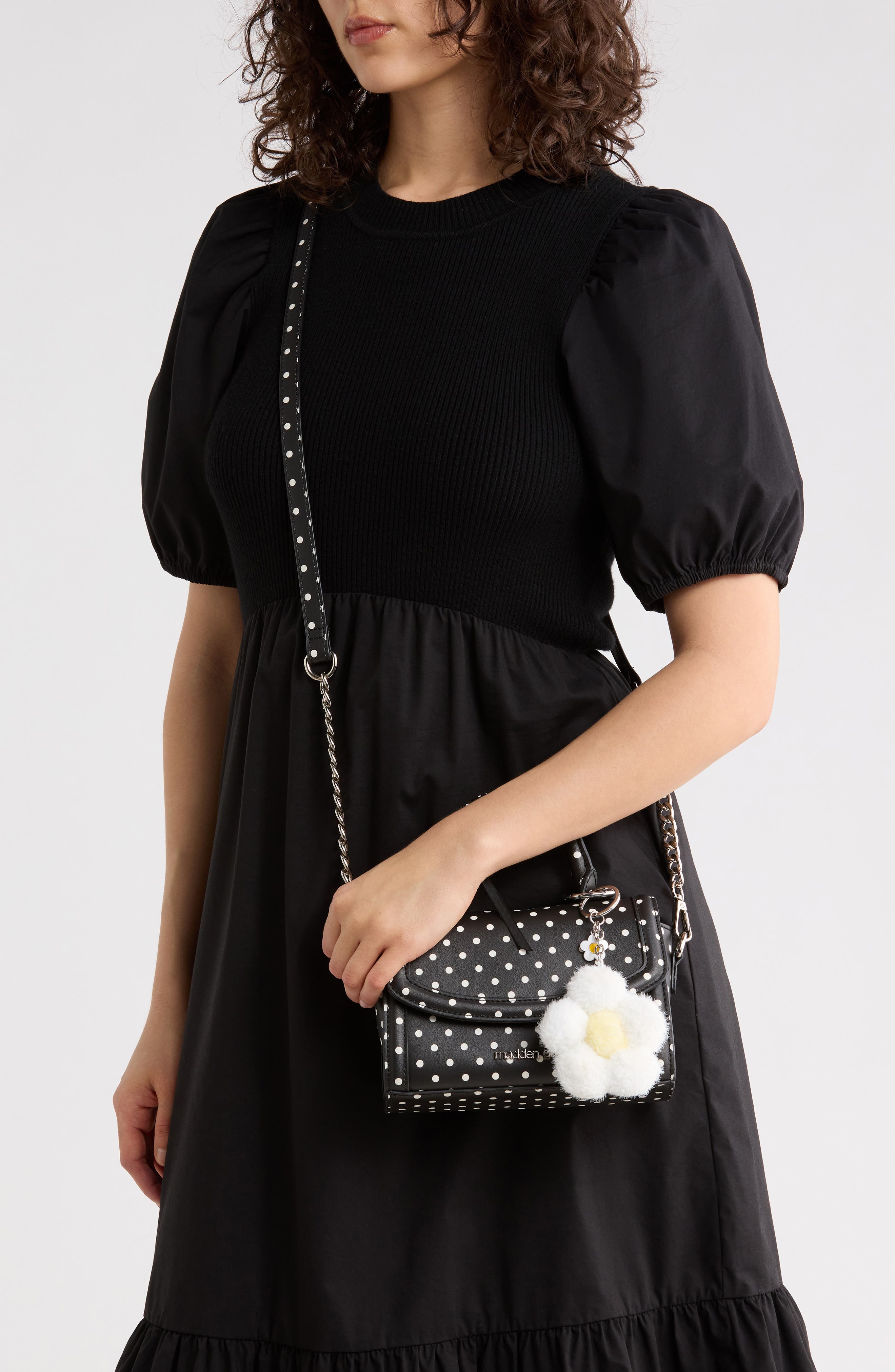 Madden Girl Daisy Charm Top Handle Crossbody Bag, Alternate, color, Black Polka Dots