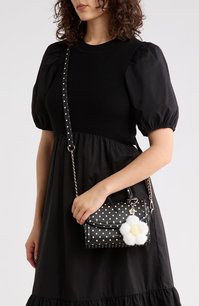 Madden Girl Daisy Charm Top Handle Crossbody Bag, Alternate, color, Black Polka Dots