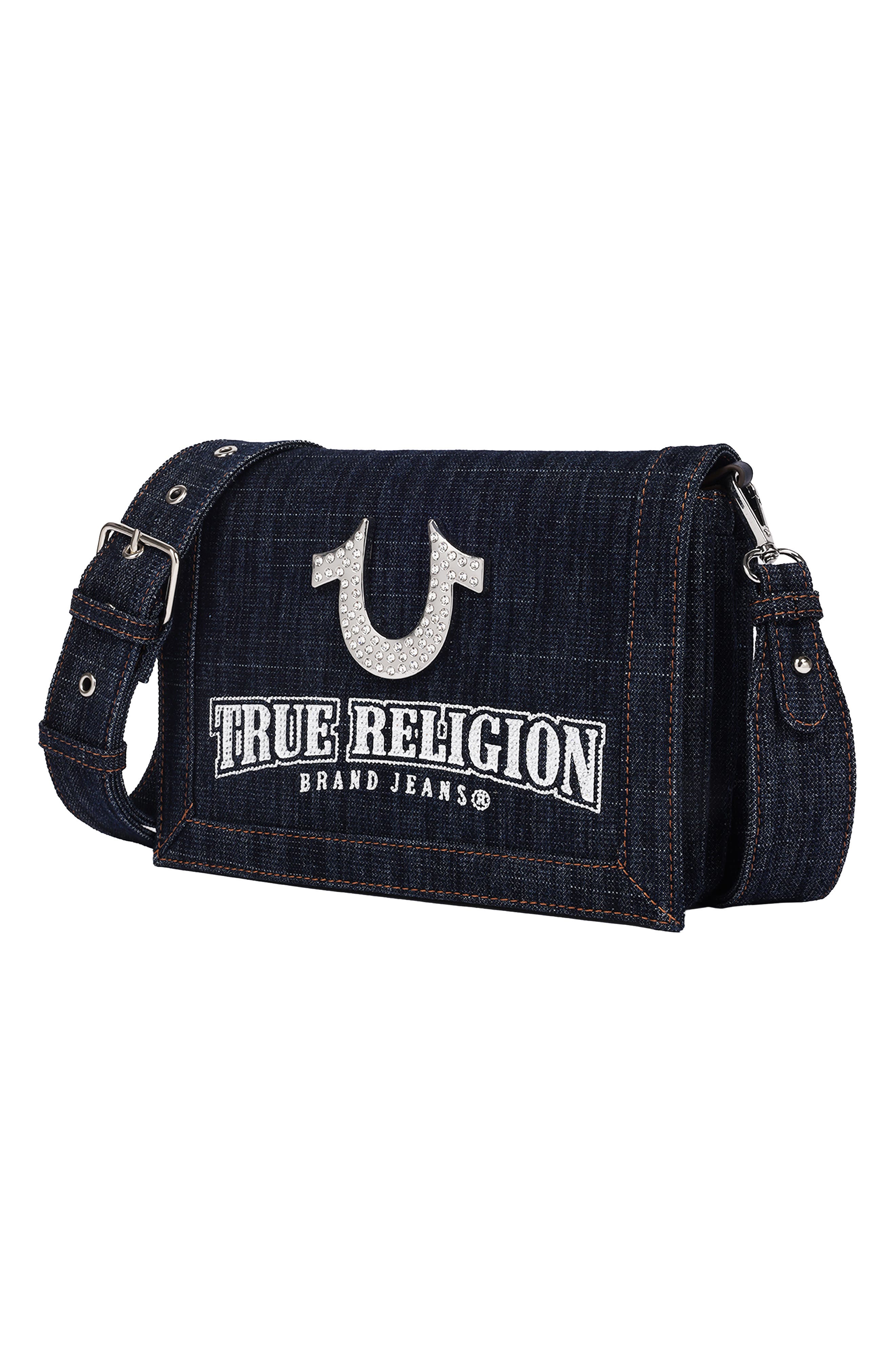 Bling Horseshoe Denim Messenger Bag, Alternate, color, DARK DENIM