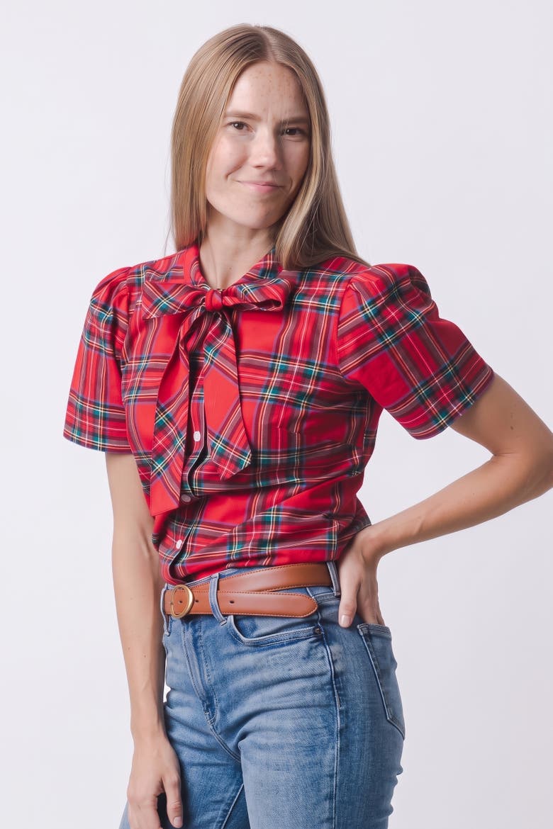 Women's Organic Cotton Puff Sleeve Bow Neck Shirt, Alternate, color, Red Holiday Tartan