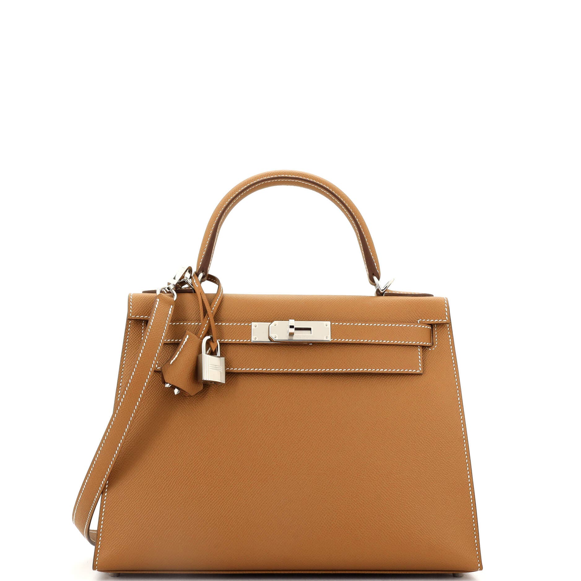 Pre-Owned Hermes Kelly Handbag Brown Epsom with Palladium Hardware 28, Main, color, Gold