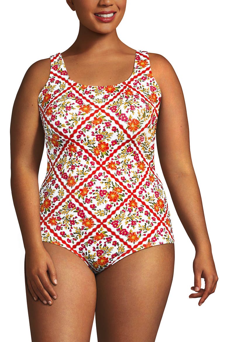 Tugless Low Leg One Piece Swimsuit, Main, color, White/Orange Scarf Floral
