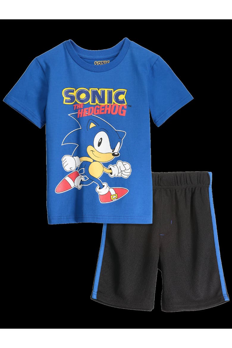Puff Print Short Sleeve Graphic T-Shirt and Mesh Short Outfit, Alternate, color, Sonic Blue Black