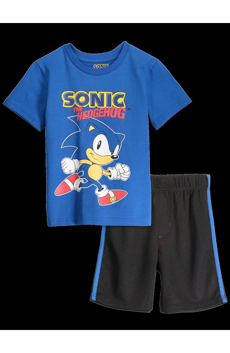SEGA Puff Print Short Sleeve Graphic T-Shirt and Mesh Short Outfit, Alternate, color, Sonic Blue Black