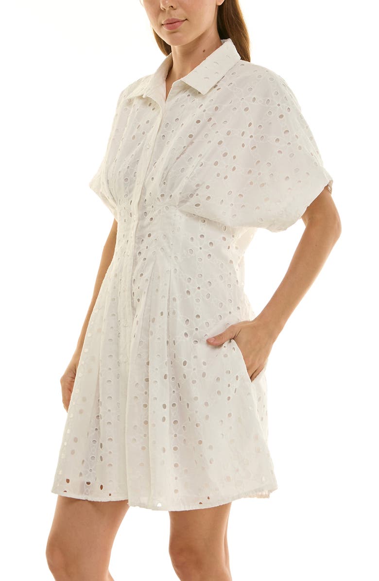 Nicole Miller Cotton Broderie Anglaise Mini Shirtdress, Alternate, color, Brilliant White