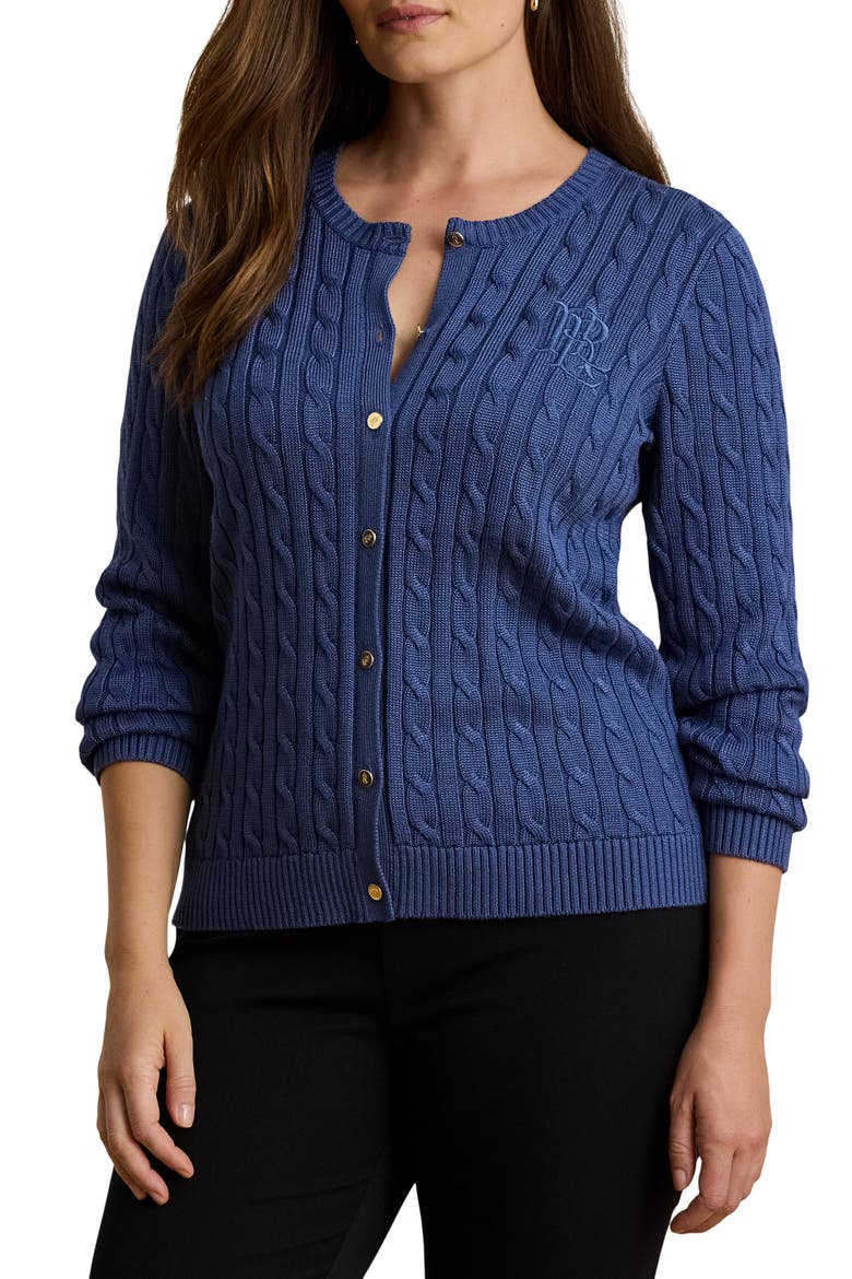 Cable Knit Cotton Blend Cardigan, Alternate, color, INKY BLUE