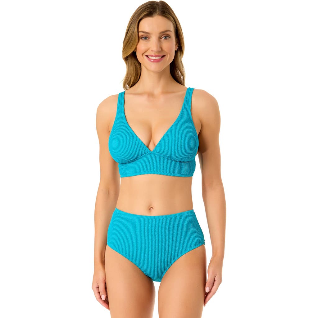 Anne Cole Live In Color Textured Shirred Soft Band Bralette Bikini Swim Top In Freshwater Turquoise