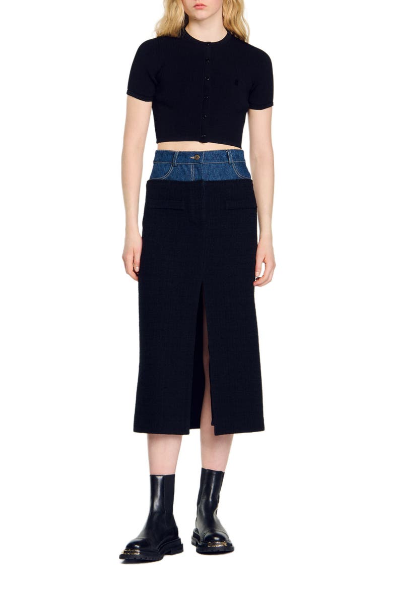 SANDRO Dual-material denim and tweed skirt, Main, color, 