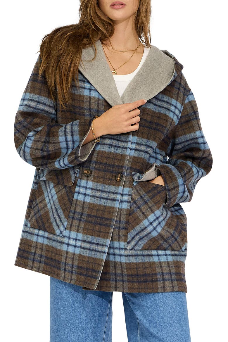 Coastal Edit Hooded Wool Blend Coat, Main, color, CHECK