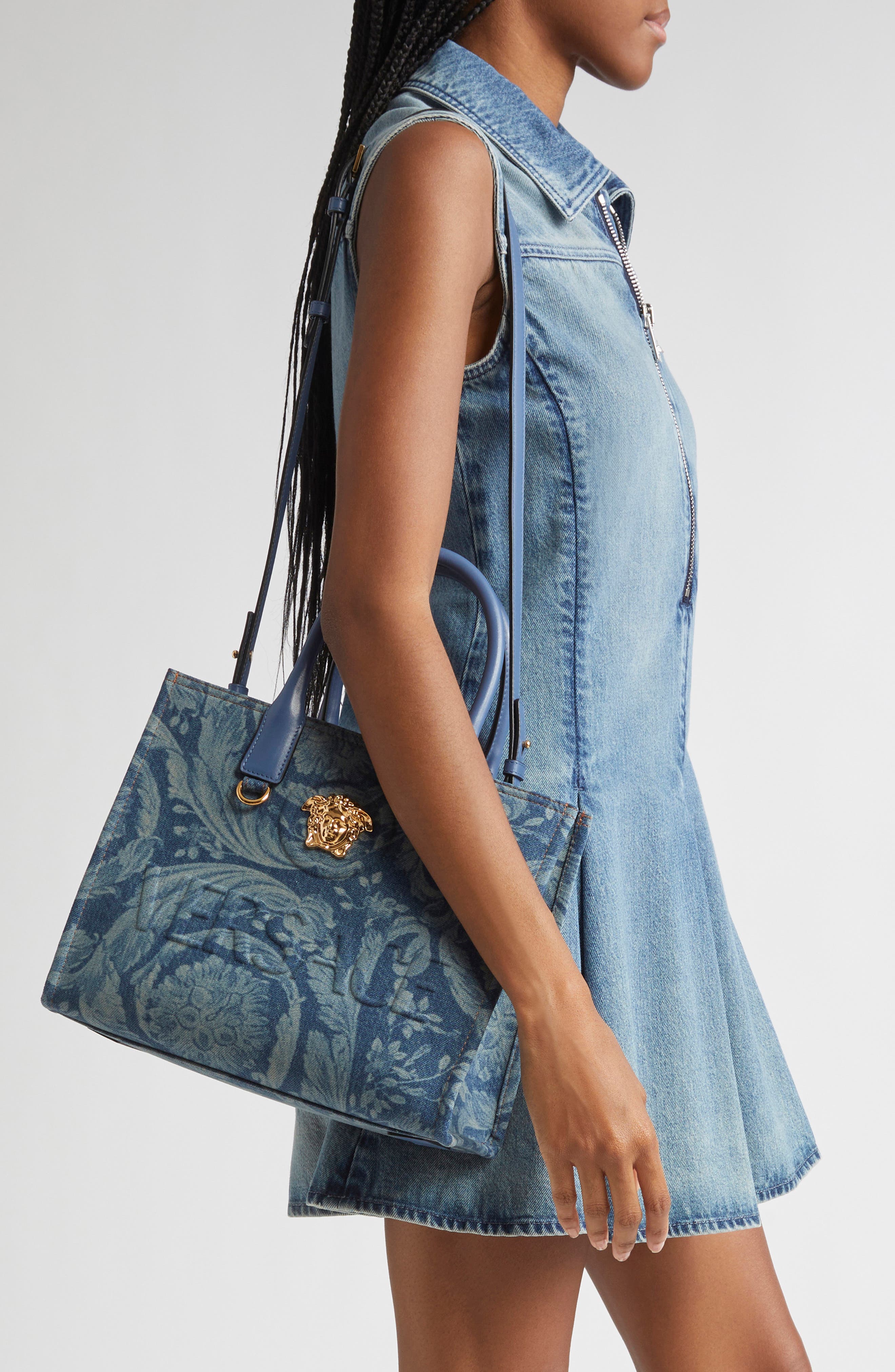 Versace Small La Medusa Barroco Denim Tote, Alternate, color, 