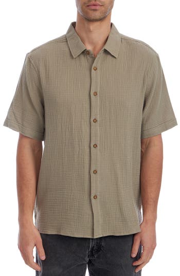 Px Short Sleeve Cotton Gauze Button-up Shirt In Brown
