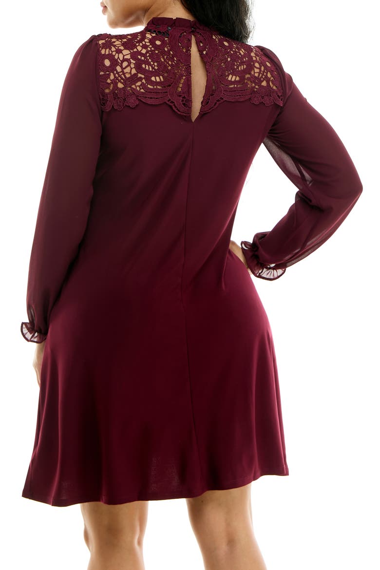 Lace Yoke Long Sleeve Trapeze Dress, Alternate, color, DEEP WINE